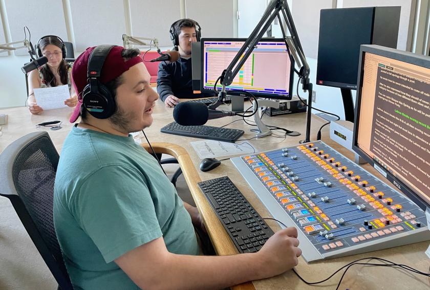 Rocky Walker (senior) tries out the new Burli Newsroom software, along with Carolina Tello (junior) and Giovanni Galvez (senior), in anticipation of their first radio newscasts on Feb. 13