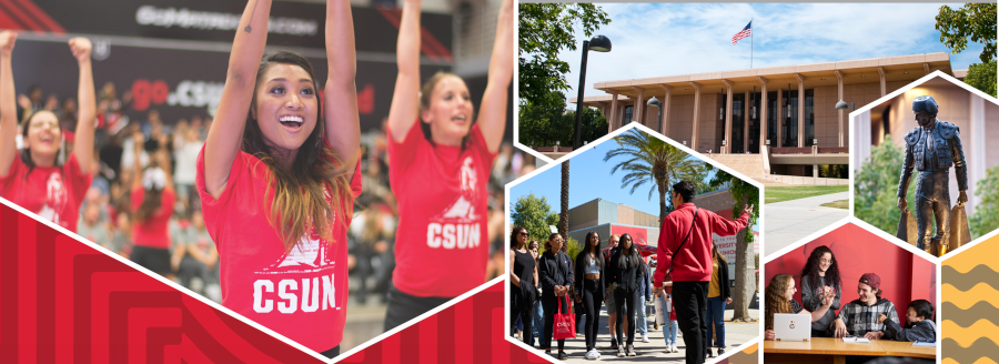 CSUN Open House banner image showing the Campus Library, CSUN cheerleader and guests on a campus tour.