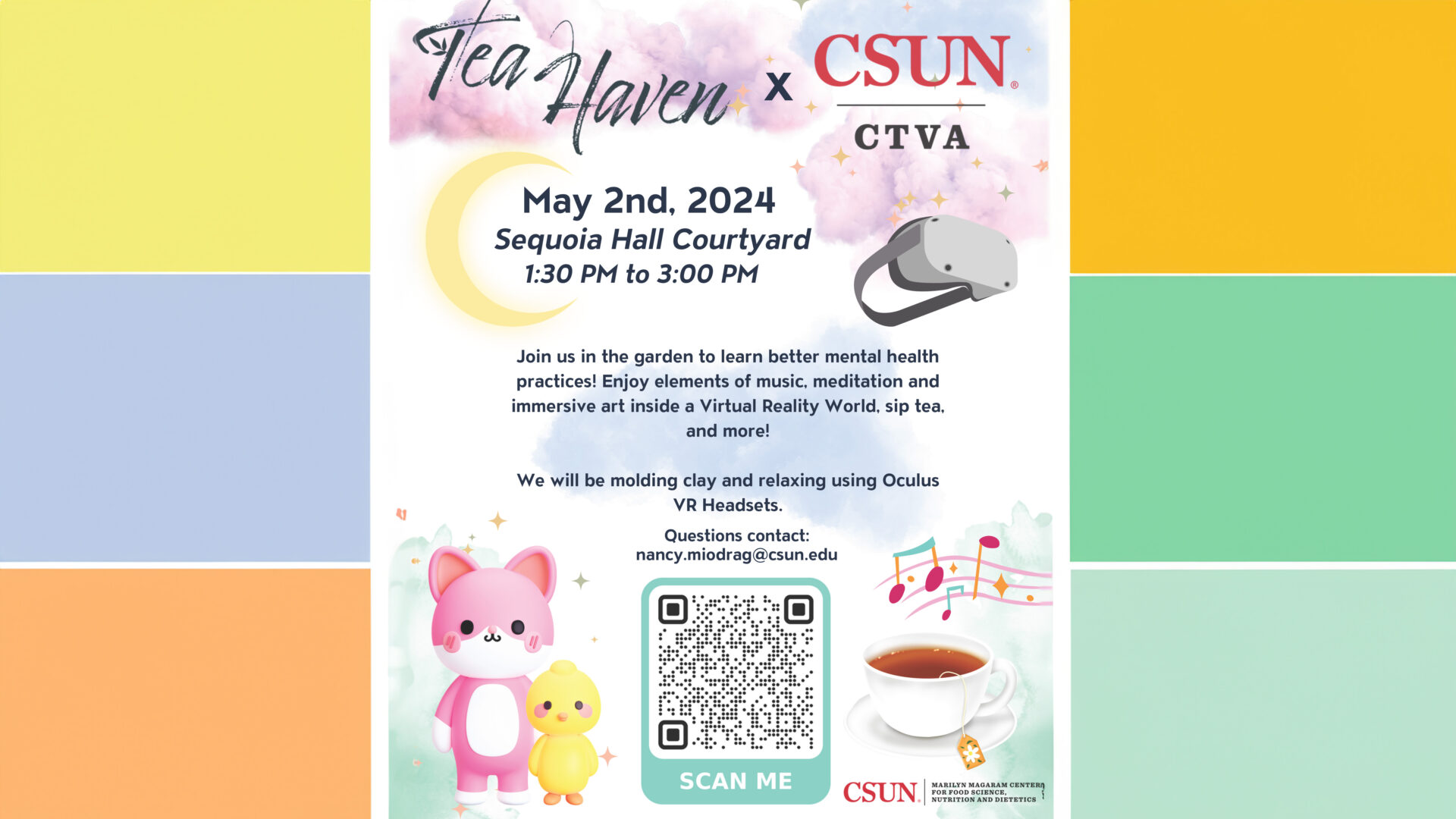 Tea Haven x CTVA event flyer showcasing a variety of teas and serene ambiance. Discover the perfect blend of relaxation and flavor at event on May 2nd from 1.30 pm to 3.00 pm Sequoia Hall Courtyard