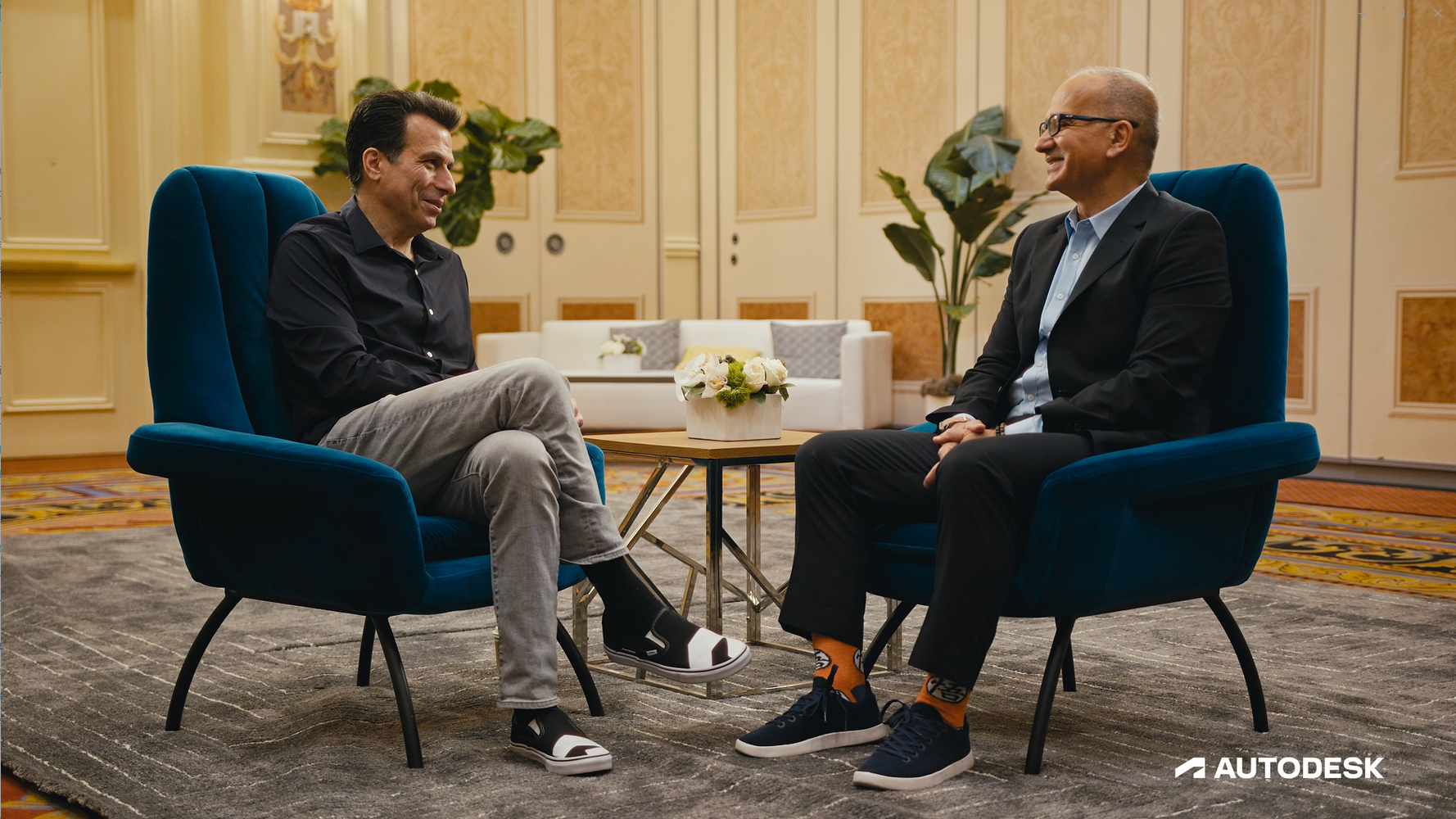 Autodesk CEO Andrew Anagnost & CECS Dean Houssam Toutanji sitting together for an interview.