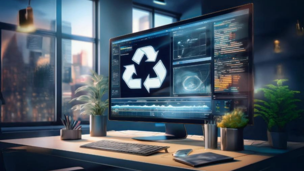 A desk with a large monitor displaying a recycle symbol and data charts, surrounded by an office setting with plants and city view.