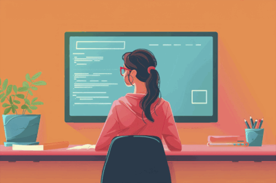 Woman in pink hoodie grading on a computer at a desk with plants and stationery.