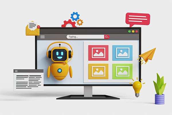 Digital illustration of a computer monitor displaying a robot and colorful icons, with floating digital elements around it.