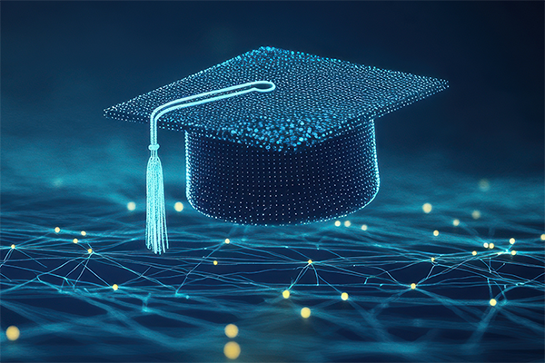A digital graduation cap above a glowing network of lines and nodes.