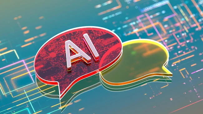 AI text bubble against a digitized background.