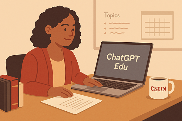 Person using a laptop with "ChatGPT Edu" on the screen, sitting at a desk with books, a paper, and a "CSUN" mug.