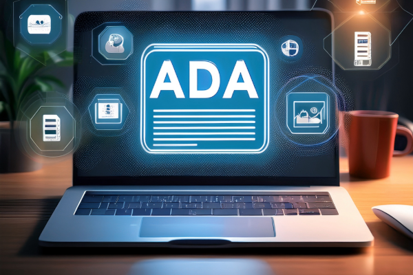 Laptop displaying "ADA" with icons around it, suggesting digital transformation