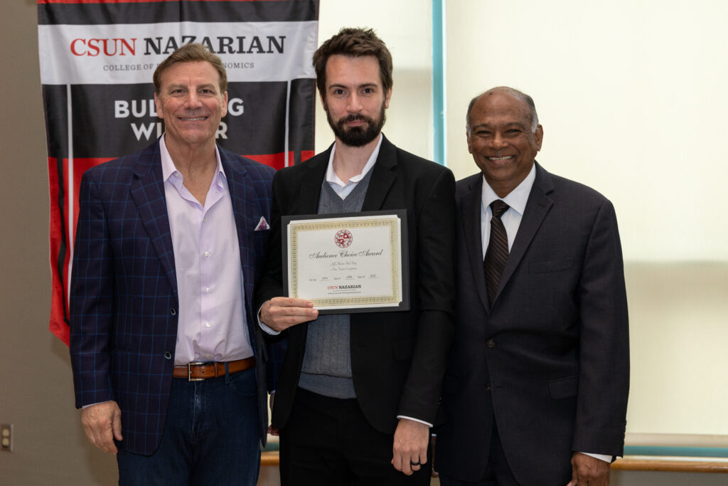 (L to R) Keynote speaker Jon Georgio with CoVolta's Tim Attewell and Nazarian College Dean Chandra Subramaniam