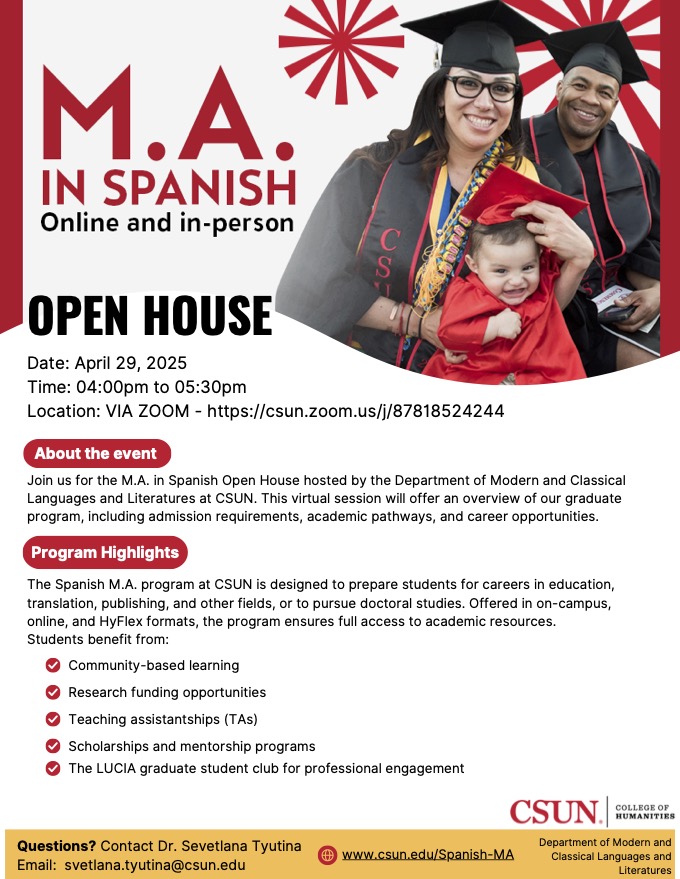 Spanish M.A. Open House April 29th, 2025, 4:00pm – 5:30pm