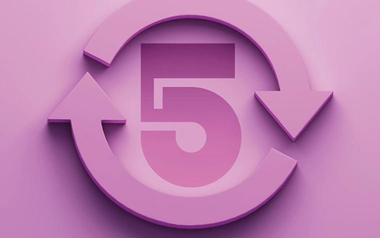 The number 5 surrounded by arrows representing life cycle.