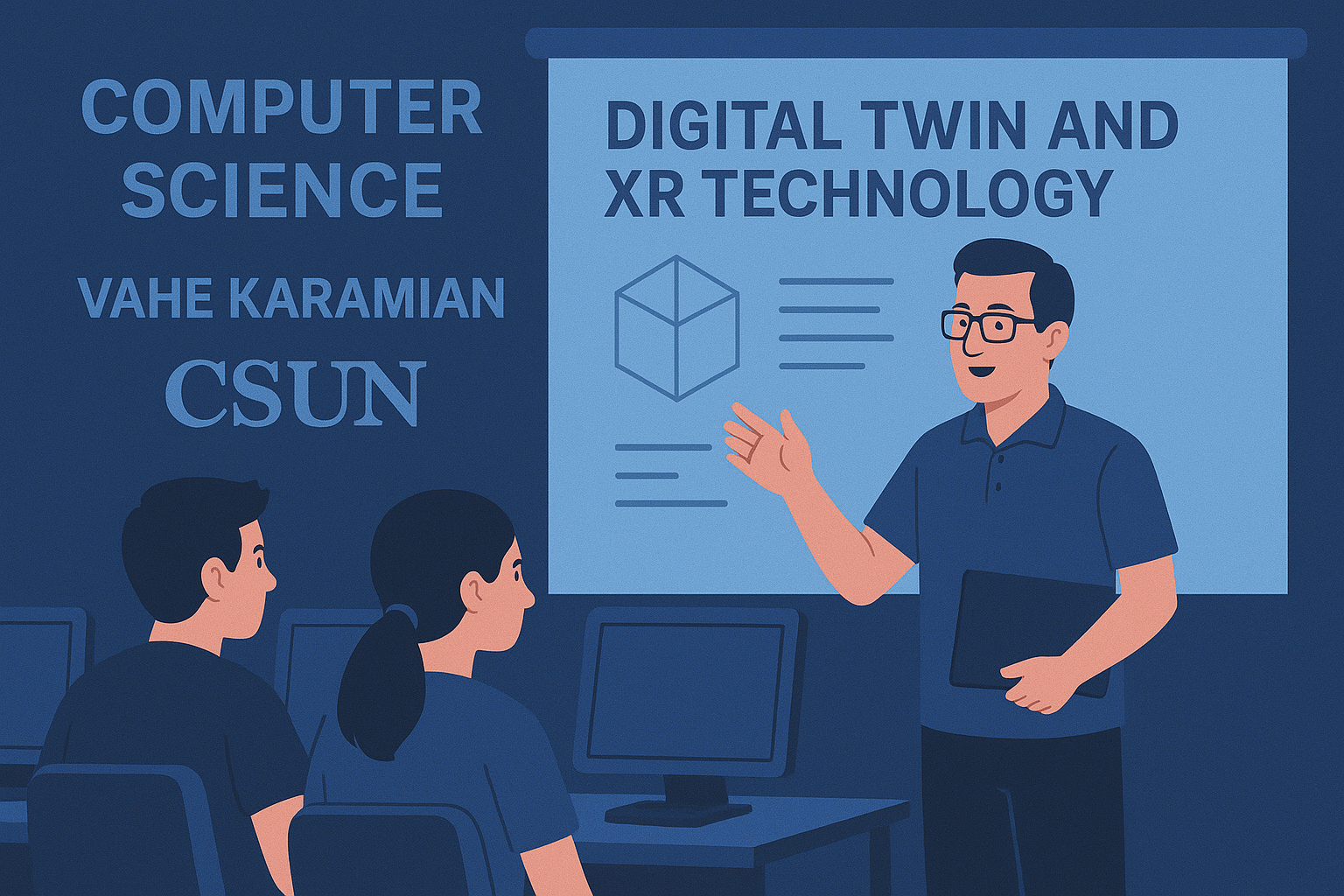 A professor lecturing a class about digital twin and XR technology with students at computers