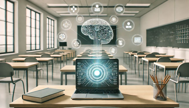 Laptop in a classroom setting.