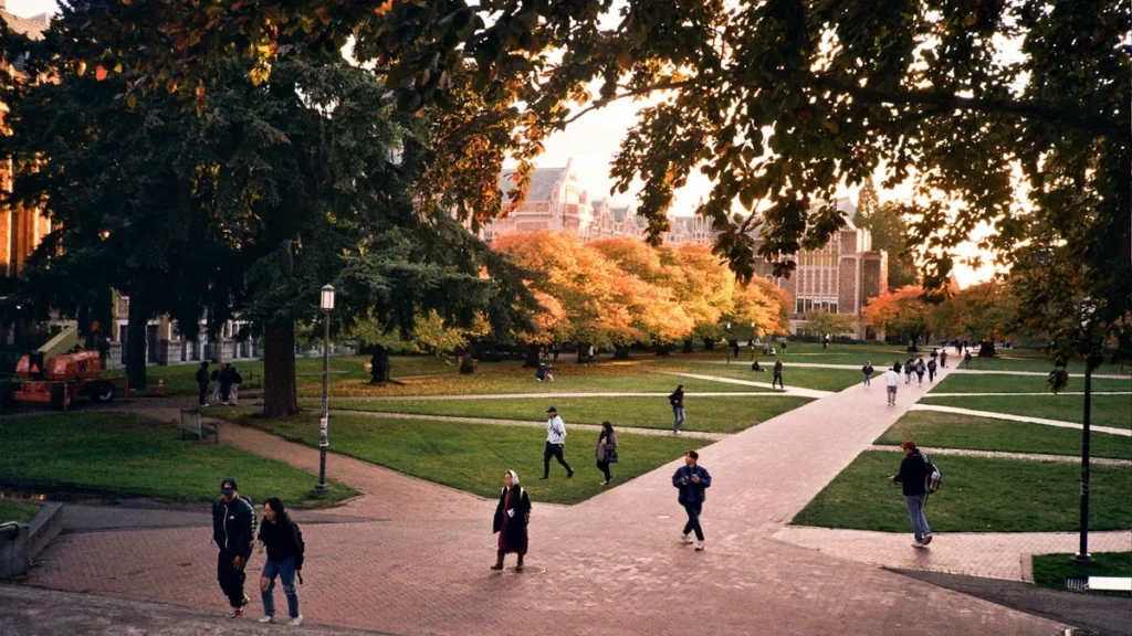 University campus, students walking around outside.