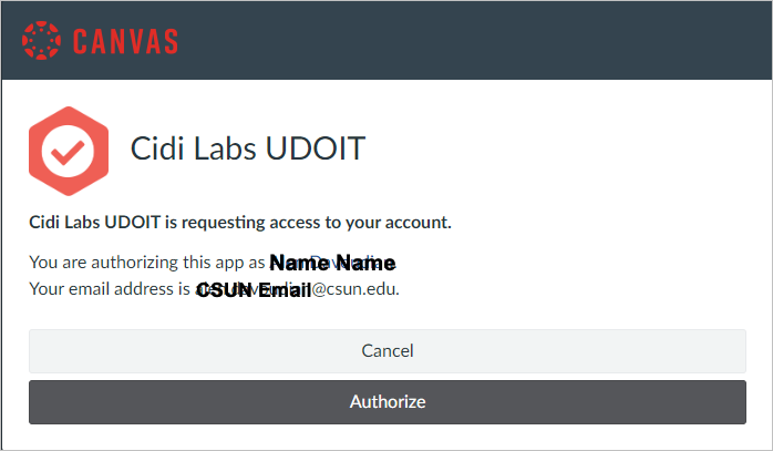 Canvas Cidi Labs UDOIT authorization request screen with options to cancel or authorize