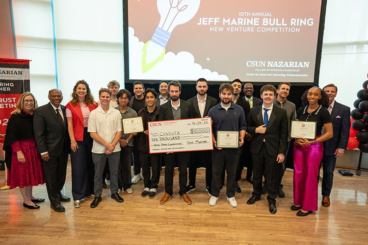 The Winners of the 2025 Jeff Marine Bull Ring New Venture Competition gather on stage at the University Student Union Grand Salon (Bryan Rodgers / CSUN)
