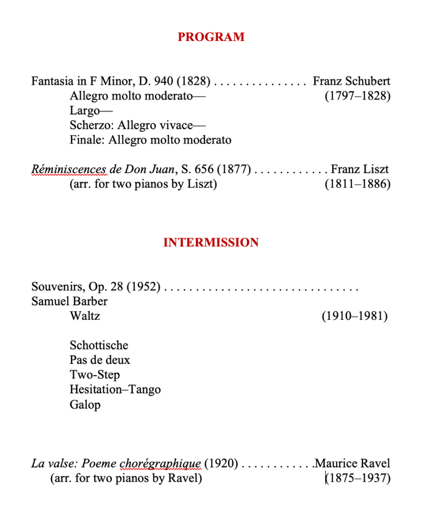 Program list for Gianforte Park 