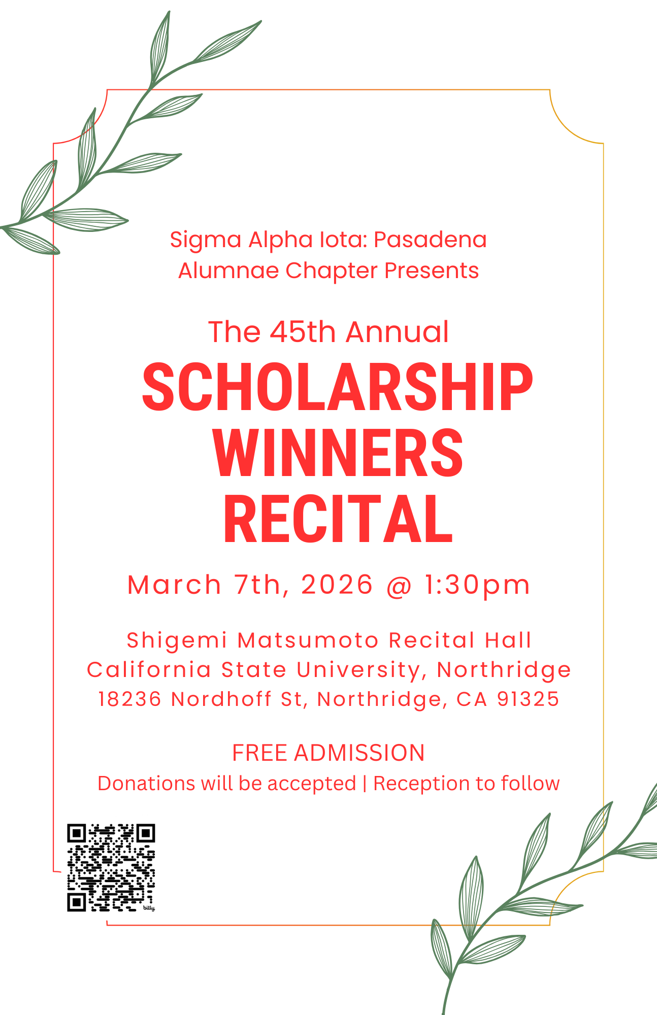 SAI PAC 45th Annual Scholarship Winners Recital Flyer at CSUN MUSIC March 7 2026