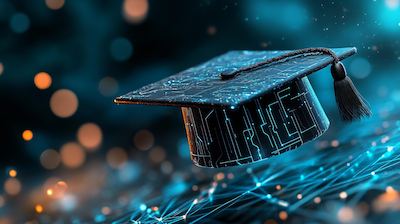 A graduation cap with a circuit board design floats against a tech-inspired background with glowing lights and network patterns