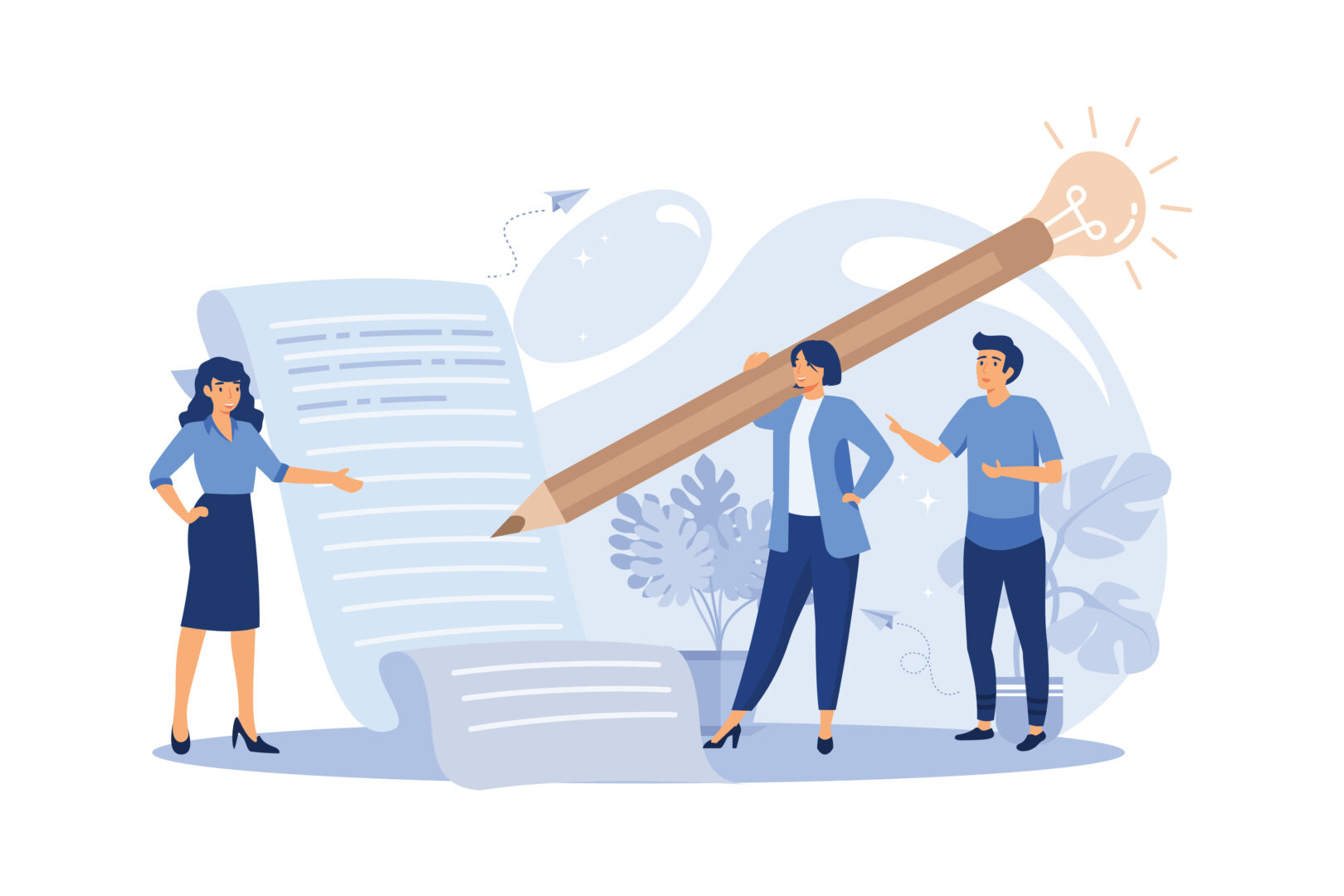 Illustration of 3 faculty members editing a large paper syllabus with a large yellow pencil