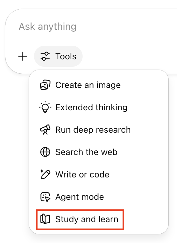 ChatGPT dropdown menu with tools for creating images, thinking, research, web search, writing, agent mode, with a red box around study and learn mode.