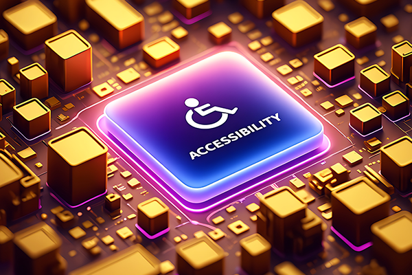 Glowing blue computer chip with an accessibility symbol and the word "ACCESSIBILITY" surrounded by yellow-gold components.