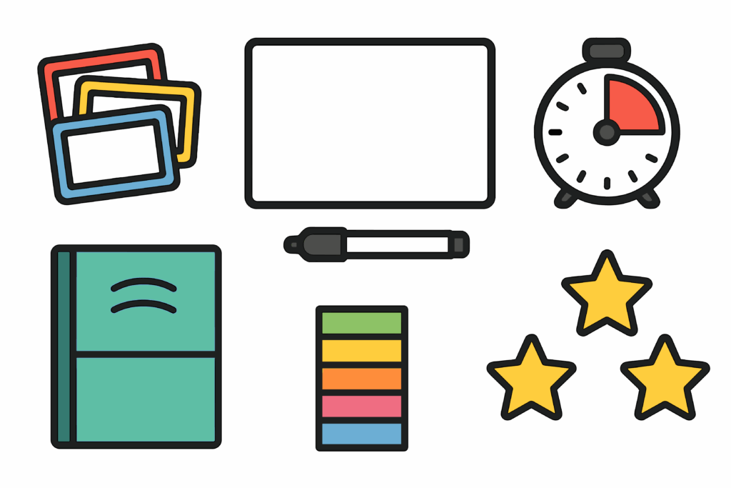 A series of drawings of desktop items like a clock, notebook and pen, and post-it notes