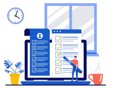 Animated person marking checkboxes with a large pencil