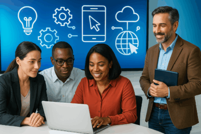 A group of four instructors collaborating around a laptop with technology icons in the background.