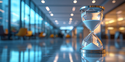Hourglass on a reflective floor in a modern building corridor