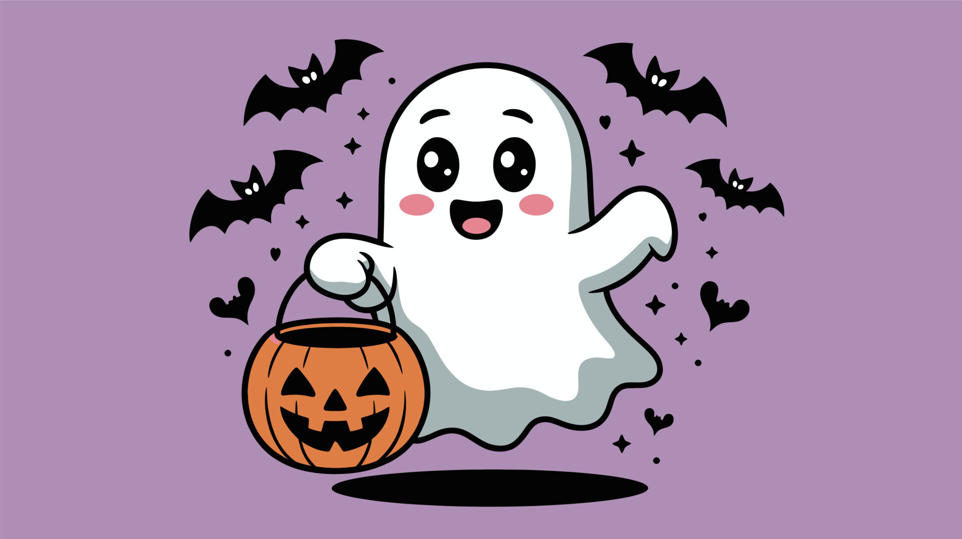 A cute cartoon ghost holding a jack-o'-lantern bucket, surrounded by flying bats on a purple background.