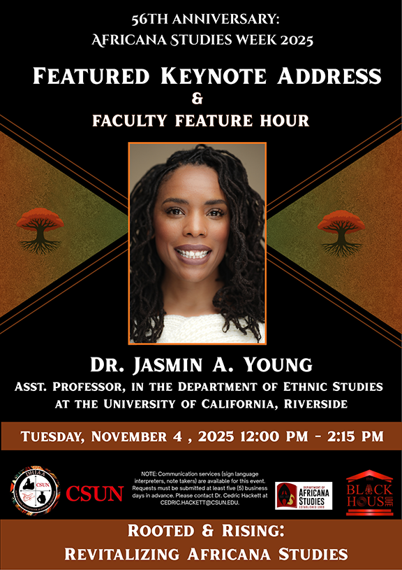 AFRS Week 2025: Keynote speaker Dr. Jasmin A Young is pictured in the center of the page surrounded by white text on a black background