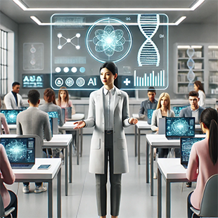 A modern classroom with a lecturer and students using laptops showing holographic interfaces; a digital display above features scientific diagrams.
