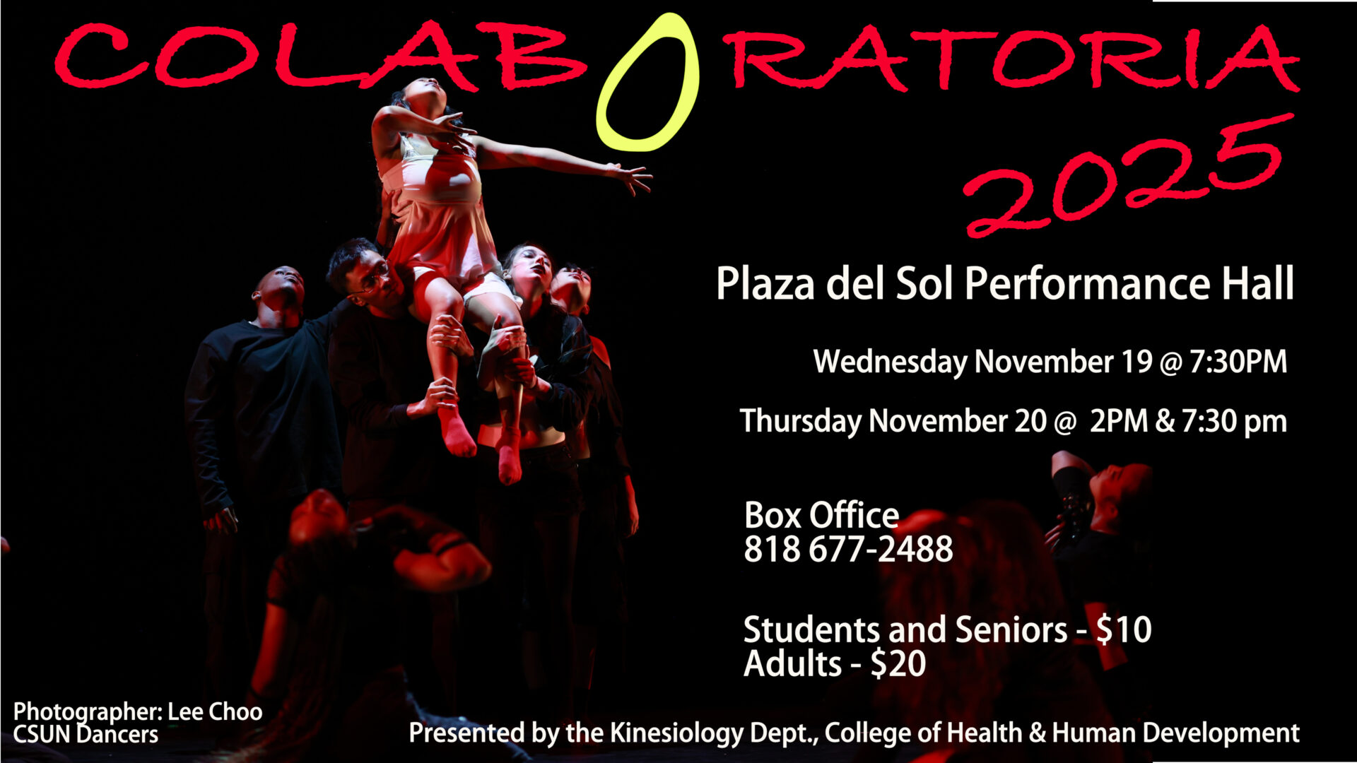 Flyer for Colaboratoria, Fall Dance Concert, by the Kinesiology Department, Dance Program. Show dates are 11/19 at 7:30 pm and 11/20 at 2 pm and 7:30 pm at the Plaza Del Sol. Tickets are $10 for students and seniors, and $20 for adults.