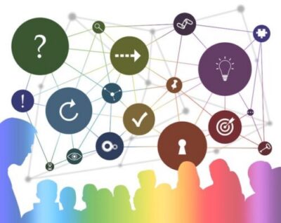 A network diagram with interconnected circles containing symbols such as a question mark, light bulb, and target, with colorful silhouettes of people in the foreground.