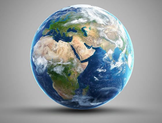 View of Earth from space showing Africa, Europe, and Asia with clouds and blue oceans.