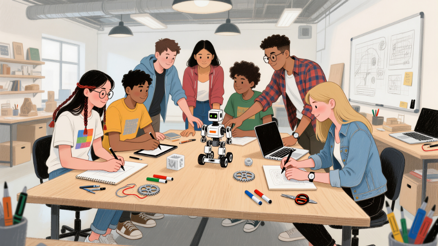 a group of young college students seated around a table building a robot