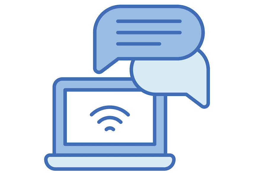 a blue laptop with speech bubbles, implying discussion