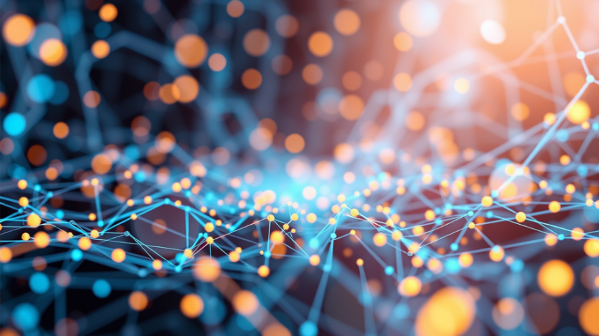 Abstract network of blue lines and orange nodes on a dark, glowing background.