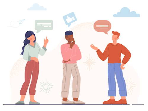 Illustration of three people conversing with speech bubbles and abstract background elements.