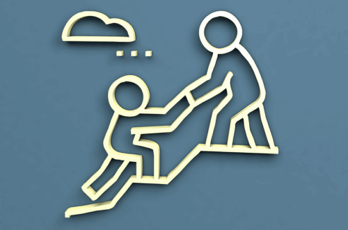 Minimalist illustration of two stick figures, one helping the other climb, on a blue background with a cloud above.