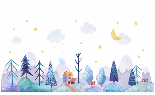 Whimsical illustration of a house among stylized trees with a starry sky and crescent moon.