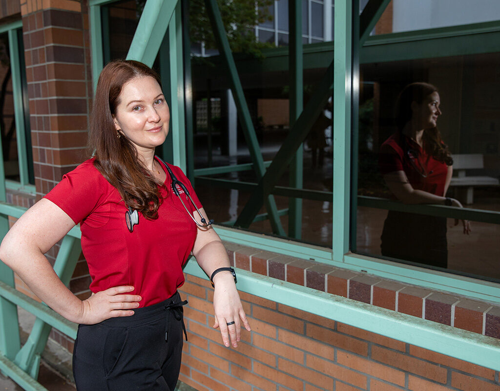 Nursing student Luba Buklemisheva, outside Jacaranda Hall.
