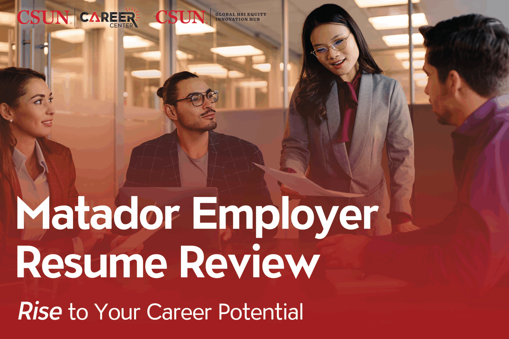 Group of business professionals reviewing student resumes.