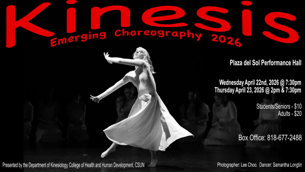 Kinesis, Annual Spring Dance Concert held on April 22 at 7:30 pm and April 23 at 2 pm and 7:30 pm. Tickets are $10 for students and $20 for adults. Held at the Plaza Del Sol. Photo of contemporary dancer