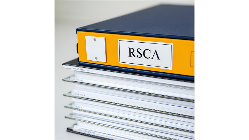 Stack of binders with a blue and yellow binder labeled 'RSCA' on top.
