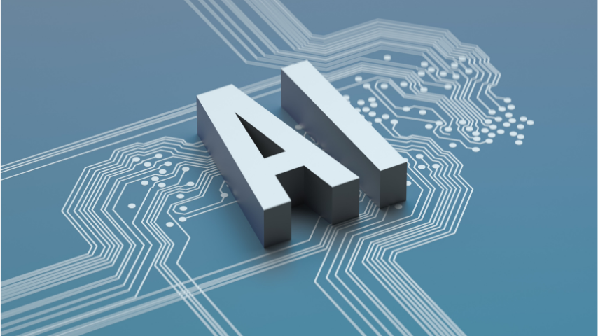 3D white letters 'AI' on a blue circuit pattern background