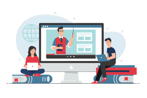 Individuals using laptops beside a large monitor displaying an online lecture.