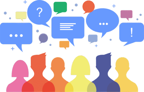 Colorful silhouettes of people with speech bubbles above them.