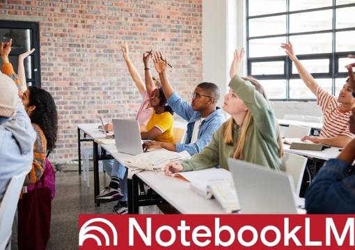 Students in a lecture classroom raising their hands and sitting at desks. NotebookLM logo at the bottom right corner.