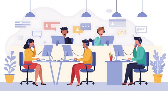 Office with five people working at desks, all wearing headsets and using computers.